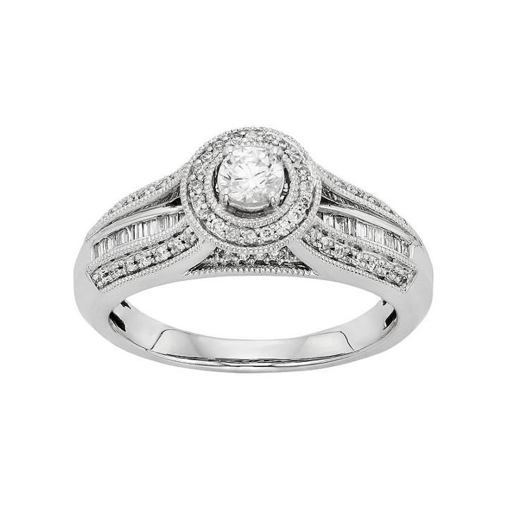 Diamond Tiered Halo Engagement Ring In 10k White Gold (1/2 Carat T.w.), Women's, Size: 5