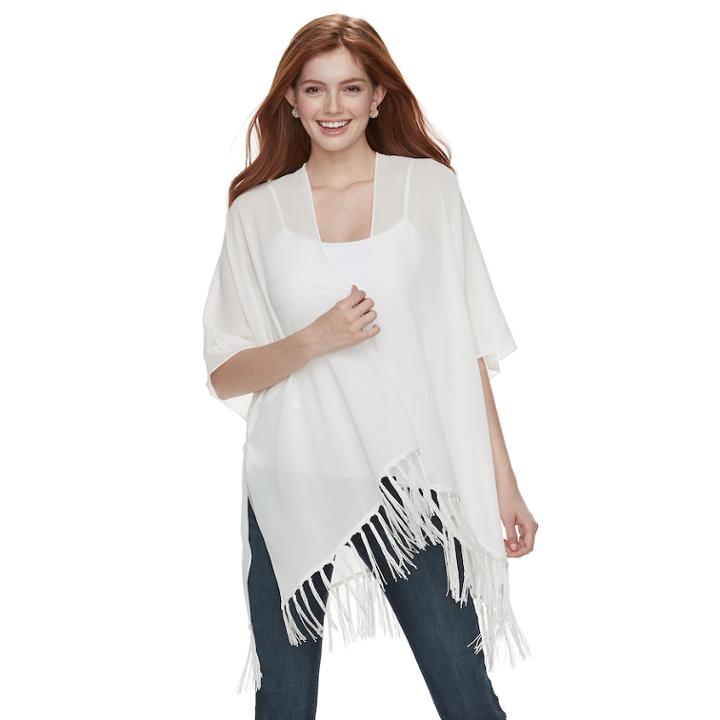 Mudd&reg; Embroidered Floral & Tassel Trim Wrap, Women's, White