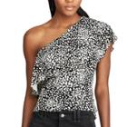 Women's Chaps Animal Print Ruffled One-shoulder Top, Size: Xl, Black