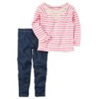 Girls 4-8 Carter's Embroidered Striped Top & Jeggings Set, Size: 5, Pink (coral)
