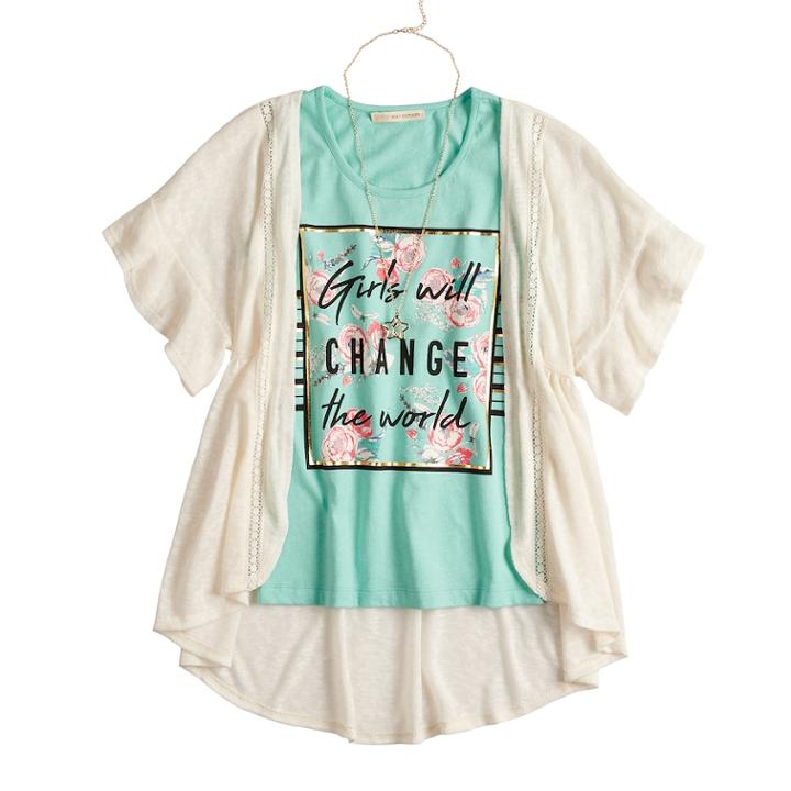 Girls 7-16 & Plus Size Self Esteem Graphic Tank Set With Kimono & Necklace, Size: Xxl Plus, Blue