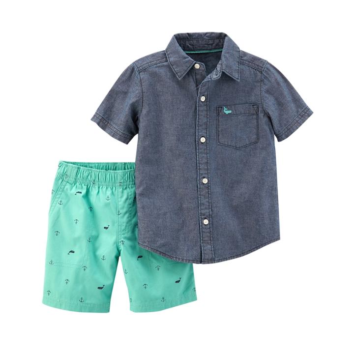 Boys 4-8 Carter's Button-up Chambray Top & Anchor Print Shorts Set, Size: 7, Blue