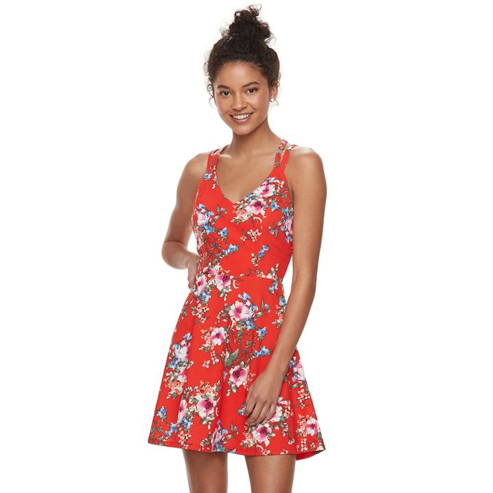 Juniors' Trixxi Strappy Floral Skater Dress, Teens, Size: Large, Med Red