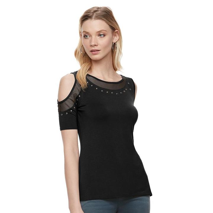 Women's Rock & Republic&reg; Cold-shoulder Studded Tee, Size: Large, Black