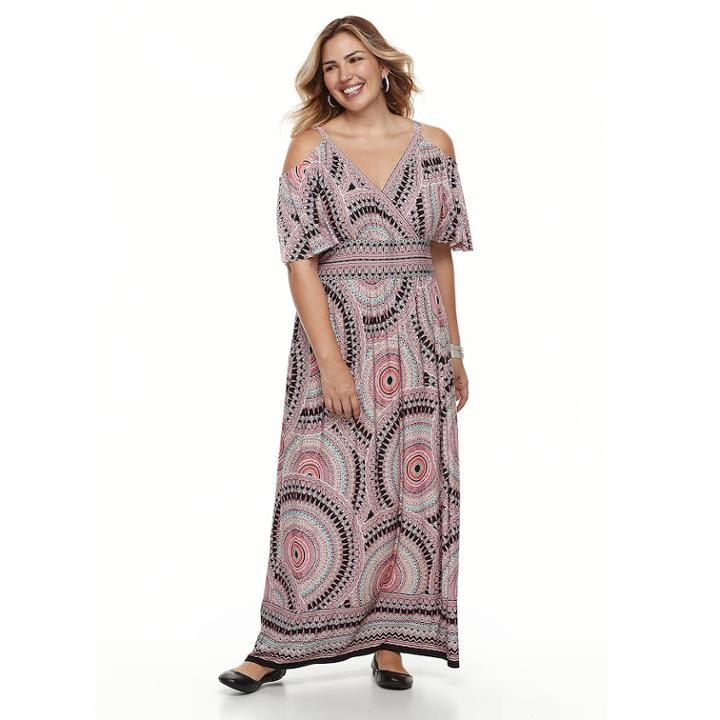 Plus Size Suite 7 Cold-shoulder Printed Maxi Dress, Women's, Size: 3xl, Black
