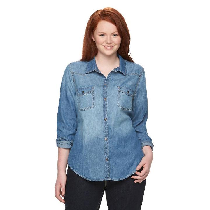 Juniors' Plus Size Mudd&reg; Shirttail Denim Shirt, Girl's, Size: 2xl, Med Blue