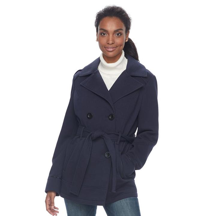 Women's D.e.t.a.i.l.s Double Breasted Faux-leather Trim Fleece Jacket, Size: Medium, Blue