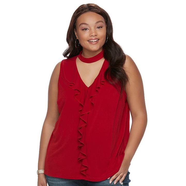 Juniors' Plus Size Iz Byer California Ruffle Choker Neck Tank, Teens, Size: 2xl, Brt Red