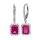 Sterling Silver Lab-created Ruby And Lab-created White Sapphire Rectangular Halo Drop Earrings, Women's, Red