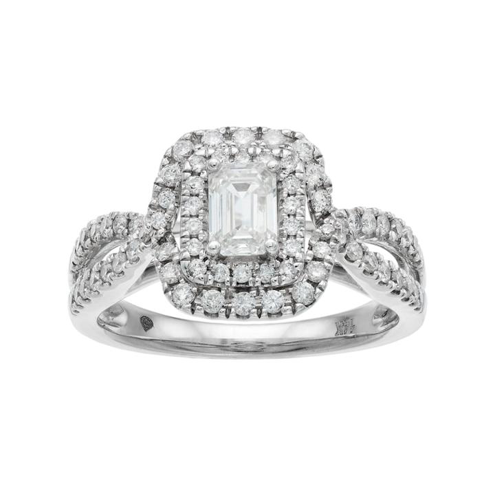 14k White Gold 1 Carat T.w. Diamond Rectangle Halo Engagement Ring, Women's, Size: 7