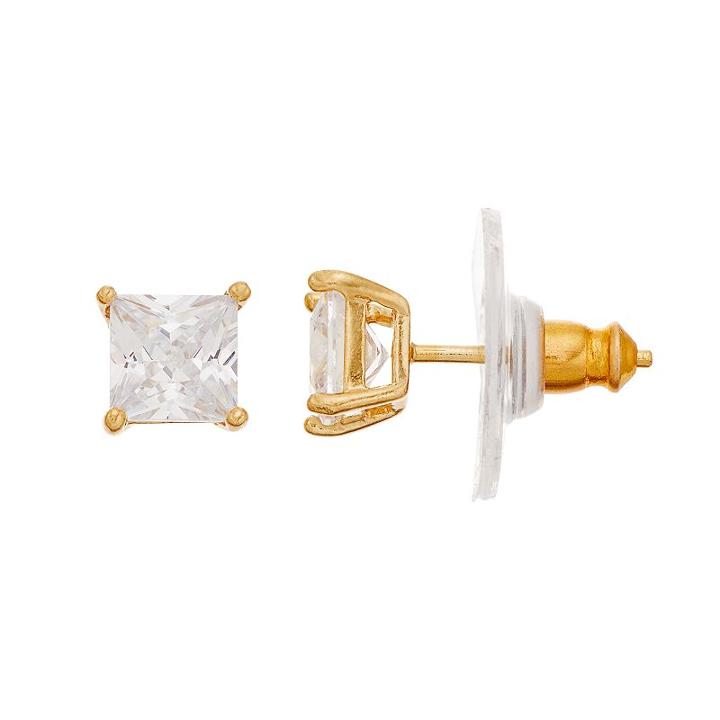 14k Gold Over Silver Cubic Zirconia Square Stud Earrings, Women's, White