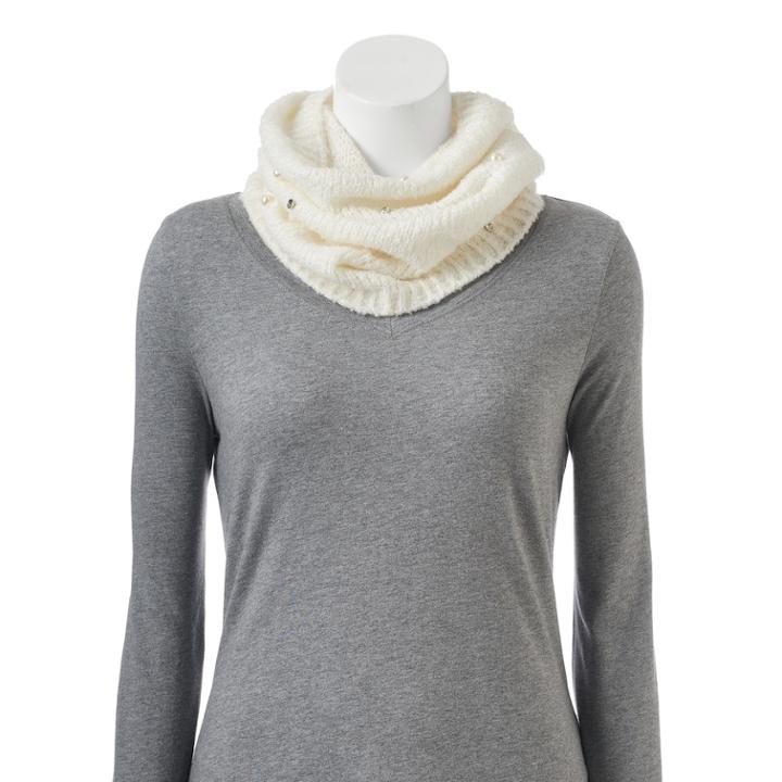 So&reg; Knit Simulated Pearl & Rhinestone Funnel Scarf, Women's, Natural