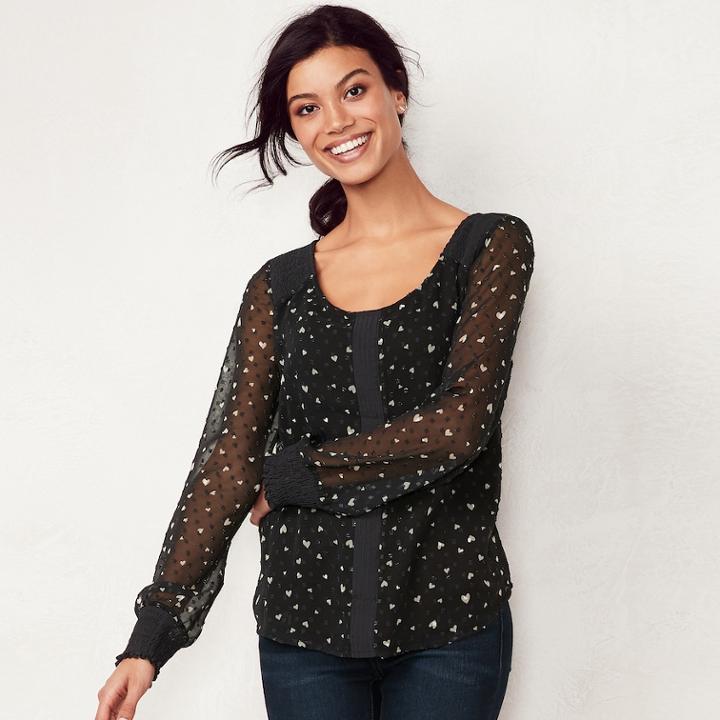 Women's Lc Lauren Conrad Smocked Swiss Dot Top, Size: Large, Black