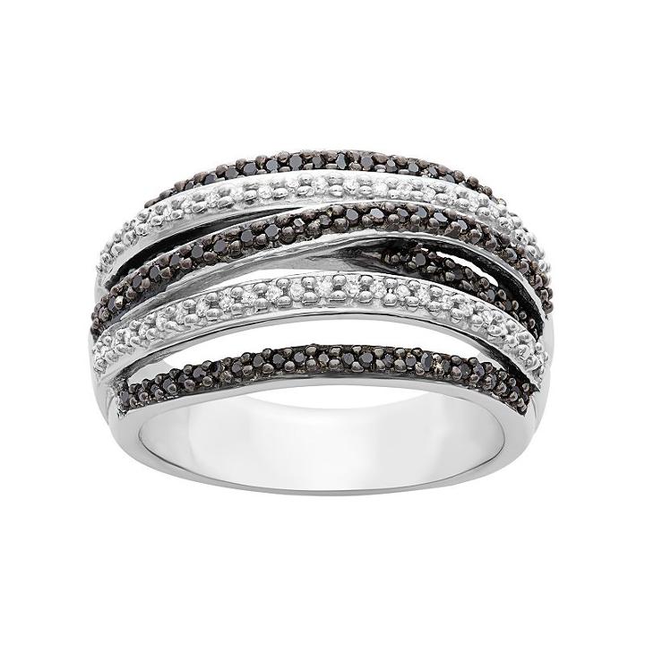 1/2 Carat T.w. Black And White Diamond Sterling Silver Multirow Ring, Women's, Size: 7