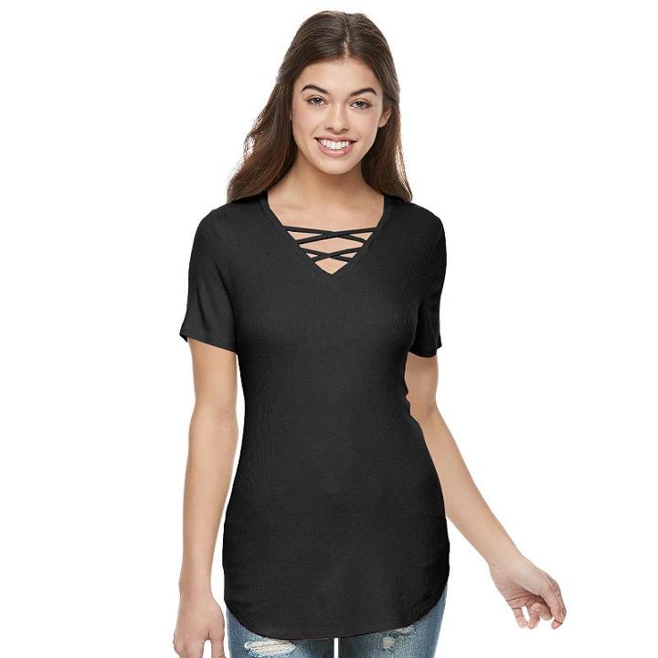 Juniors' Awake Crisscross V-neck Tee, Girl's, Size: Medium, Black