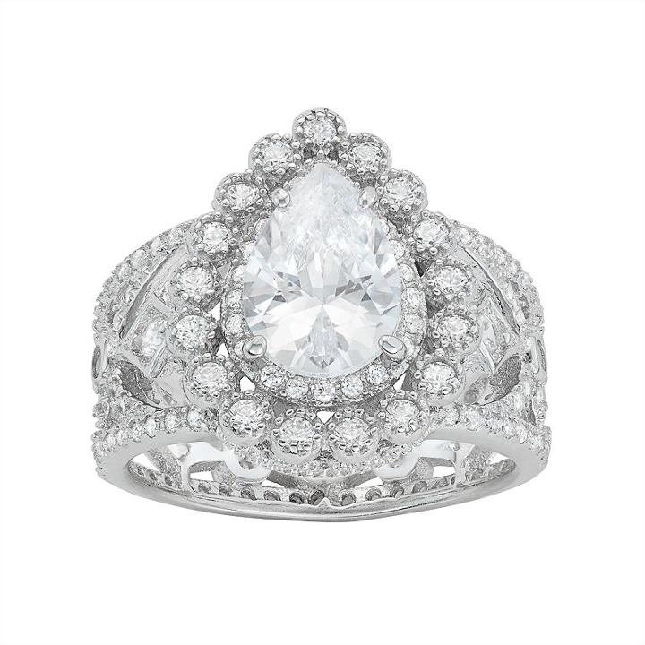 Sterling Silver Cubic Zirconia Pear Halo Filigree Ring, Women's, Size: 8, Grey