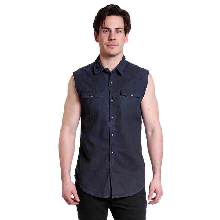 Men's Excelled Slim-fit Sleeveless Denim Biker Snap-front Shirt, Size: Xxl, Blue