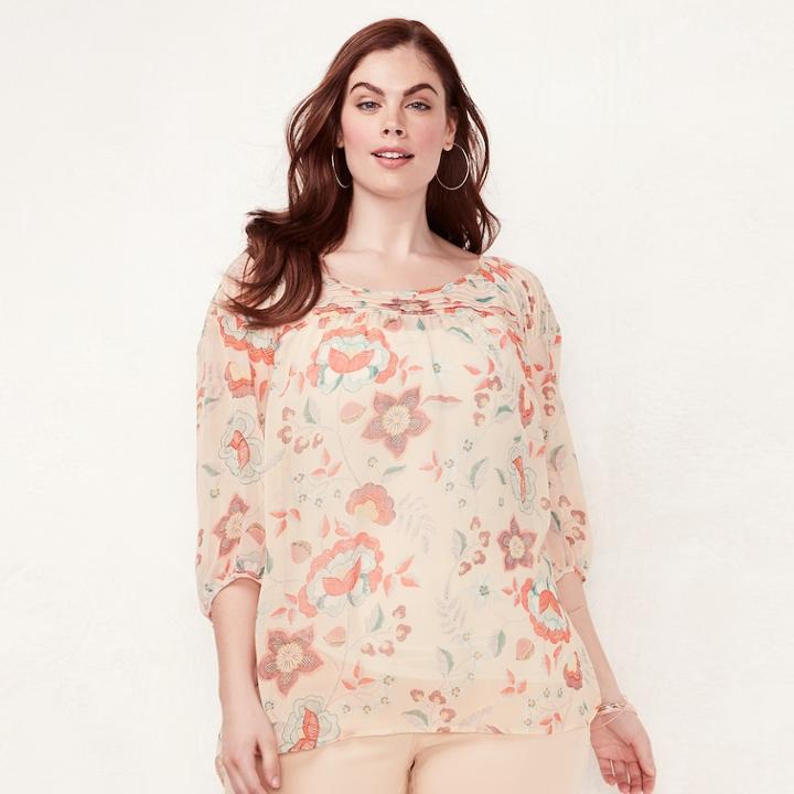 Plus Size Lc Lauren Conrad Printed Chiffon Peasant Top, Women's, Size: 3xl, Light Pink
