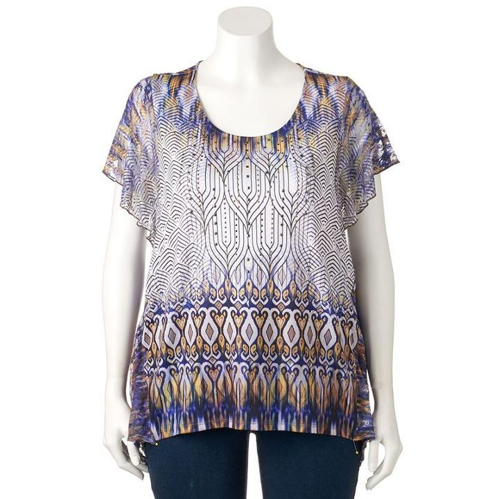 Plus Size World Unity Printed Shark-bite Hem Top, Women's, Size: 3xl, Lt Beige