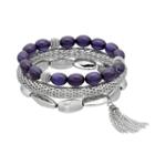 Purple Beaded, Mesh & Tassel Stretch Bracelet Set, Women's, Navy