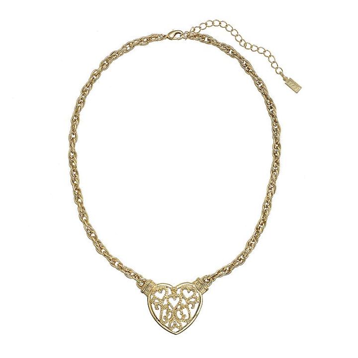 1928 Gold Tone Filigree Heart Necklace, Women's, Yellow