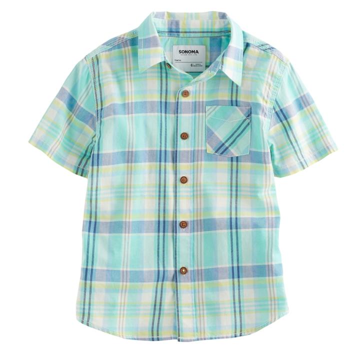 Boys 4-7x Sonoma Goods For Life&trade; Plaid Button Down Short Sleeve Shirt, Size: 6, Med Blue