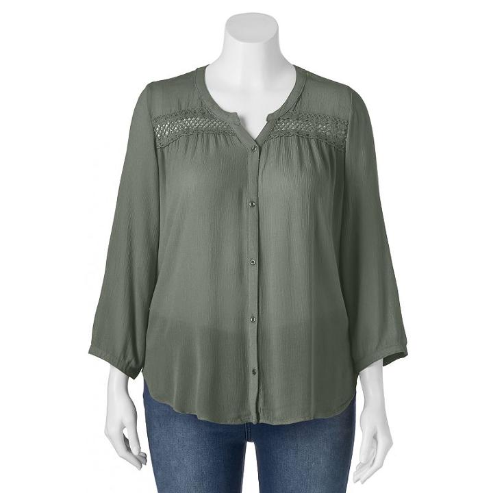 Juniors' Plus Size Mudd&reg; Button Front Crochet Peasant Top, Girl's, Size: 2xl, Green
