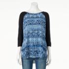 Women's Double Click Printed Mixed-media Tee, Size: Xl, Blue (navy)