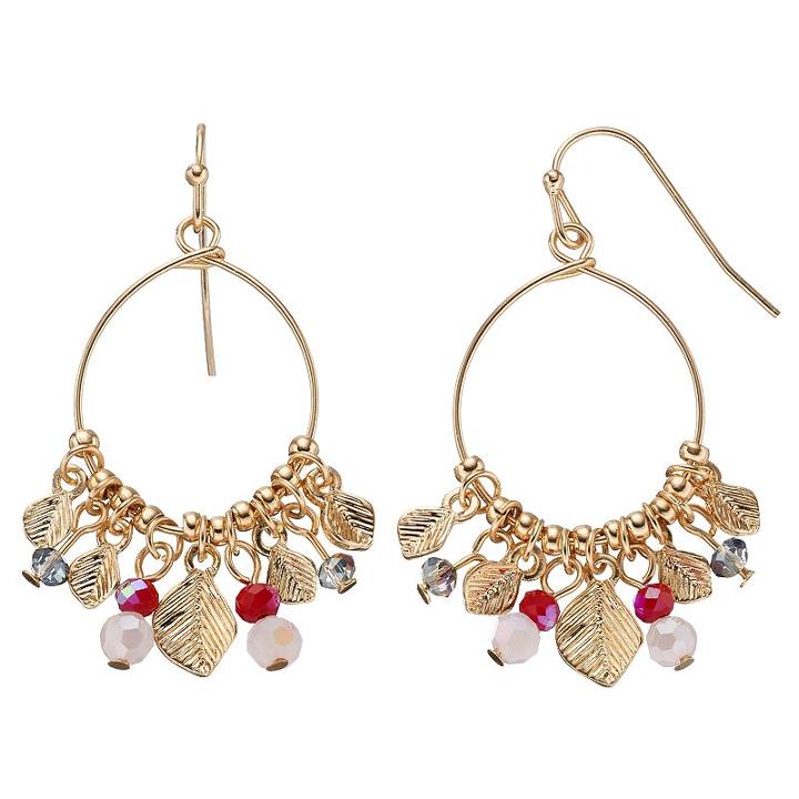 Lc Lauren Conrad Shaky Bead & Leaf Nickel Free Drop Hoop Earrings, Women's, Multicolor