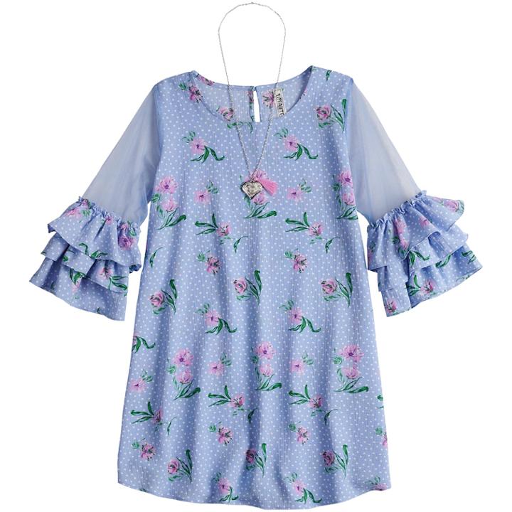 Girls 7-16 Beautees Floral Ruffled Sleeve Shift Dress With Necklace, Size: 8, Blue