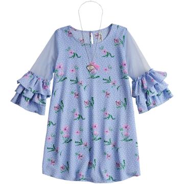 Girls 7-16 Beautees Floral Ruffled Sleeve Shift Dress With Necklace, Size: 8, Blue