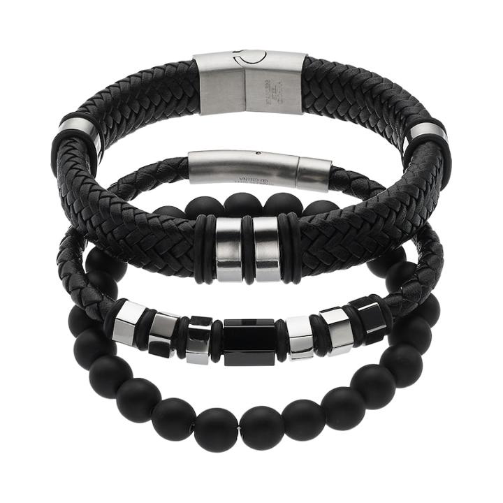 1913 Men's 3-pc. Stainless Steel & Black Leather Bracelet Set, Size: 8.5