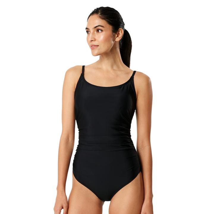 Women's Speedo Tummy Slimming Shirred One-piece Swimsuit, Size: 6, Black