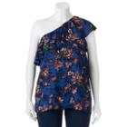 Juniors' Plus Size Heartsoul Floral One-shoulder Top, Girl's, Size: 3xl, Dark Blue