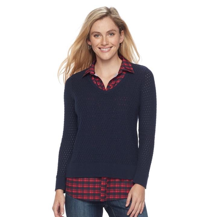 Croft & Barrow&reg; Petite Openwork Sweater, Women's, Size: S Petite, Dark Blue