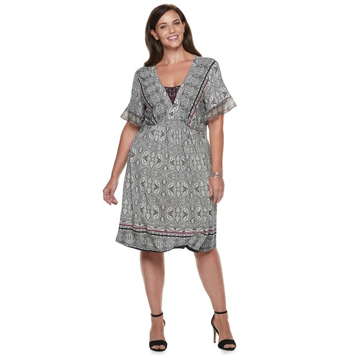 Plus Size World Unity Printed Flutter Sleeve Dress, Women's, Size: 2xl, Grey (charcoal)