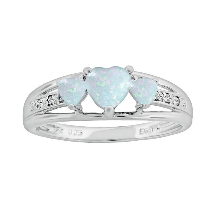 Sterling Silver Lab-created Opal And Diamond Accent Heart 3-stone Ring, Women's, Size: 7, White