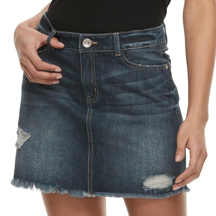 Juniors' Rewash Distressed Dark Wash Mini Jean Skirt, Teens, Size: 11, Dark Blue