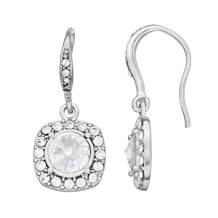 Brilliance Silver Plated Square Halo Drop Earrings With Swarovski Crystals, Women's, White