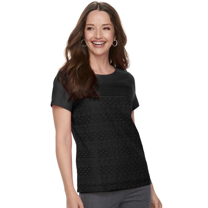 Petite Croft & Barrow&reg; Mixed Lace Short Sleeve Tee, Women's, Size: Xl Petite, Black
