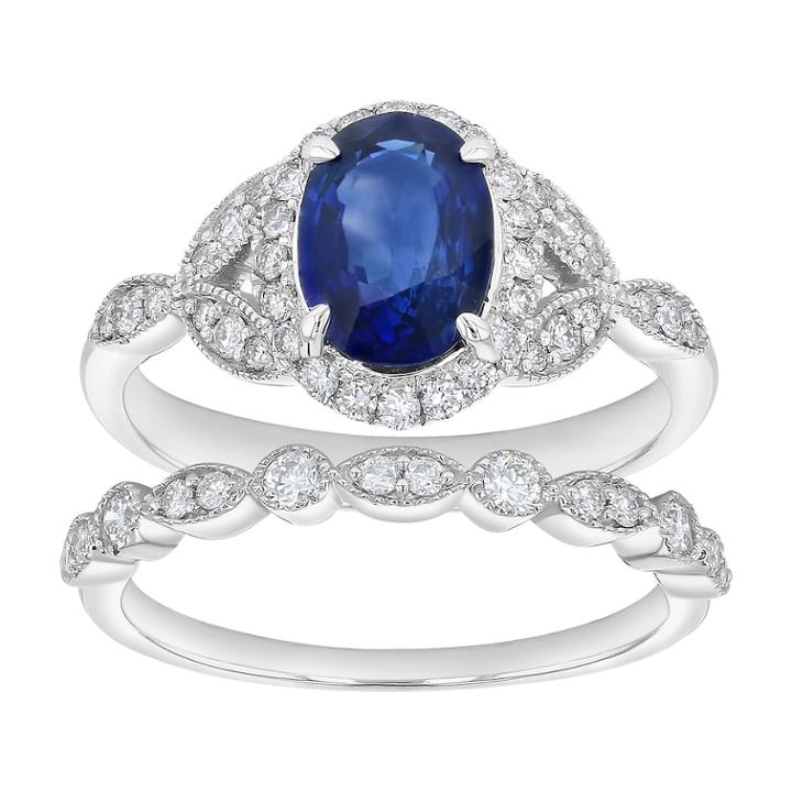 14k White Gold Sapphire & 3/8 Carat T.w. Diamond Engagement Ring Set, Women's, Size: 6, Blue