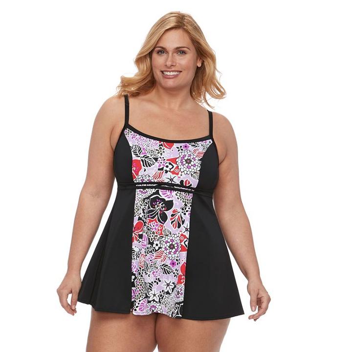 Plus Size A Shore Fit Hip Minimizer Printed Swimdress, Women's, Size: 24 W, Pink