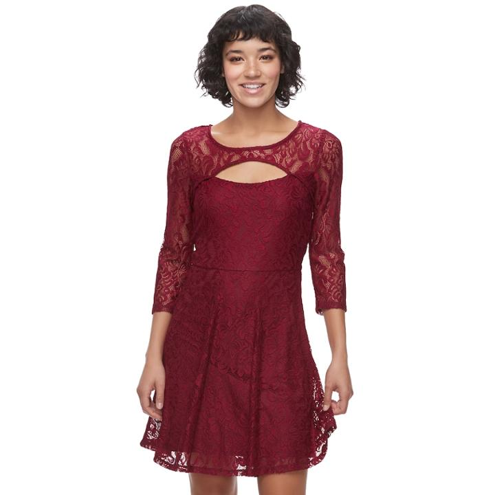 Juniors' Almost Famous Lace Cutout Skater Dress, Teens, Size: Xs, Light Red