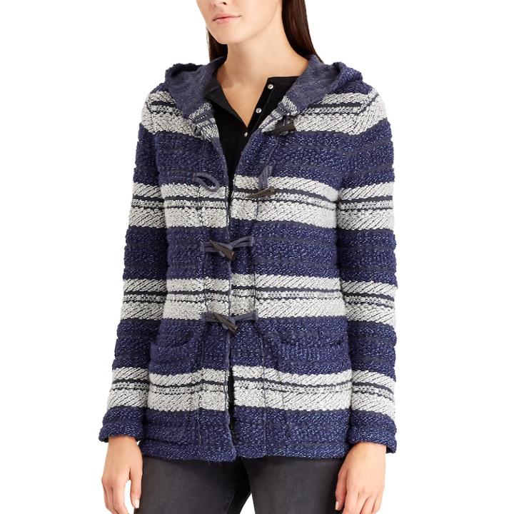 Women's Chaps Hooded Jacquard Cardigan, Size: Large, Blue (navy)
