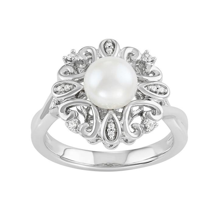 Simply Vera Vera Wang Freshwater Cultured Pearl & 1/10 Carat T.w. Diamond Sterling Silver Flower Ring, Women's, Size: 9, White