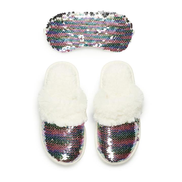 Girls 4-16 Elli By Capelli Flippable Sequin Slipper & Eye Mask Set, Size: 12/13, White