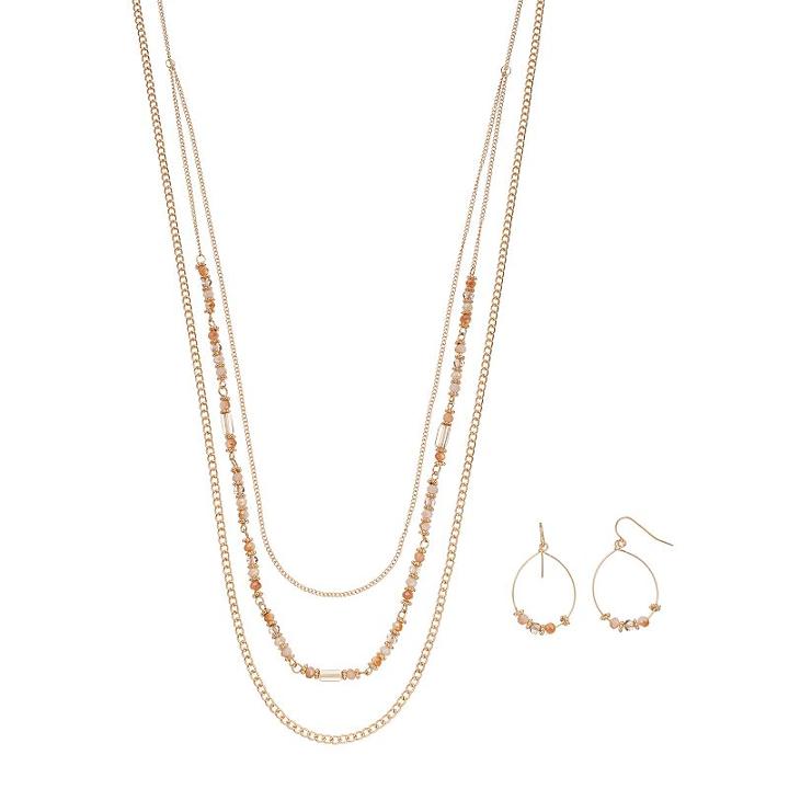 Brown Long Beaded Multi Strand Necklace & Drop Earring Set, Women's