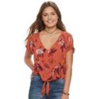Juniors' Mudd&reg; Printed Tie-front Top, Teens, Size: Small, Drk Orange