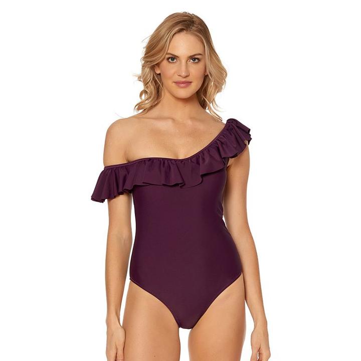 Women's Pink Envelope Ruffle Off-the-shoulder One-piece Swimsuit, Size: Medium, Drk Purple