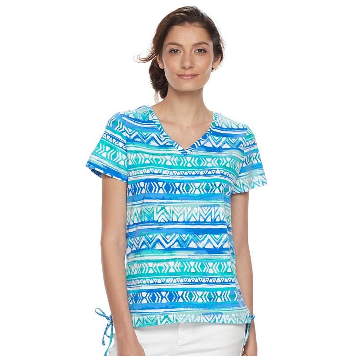 Women's Caribbean Joe Printed Drawstring V-neck Tee, Size: Large, Blue Other